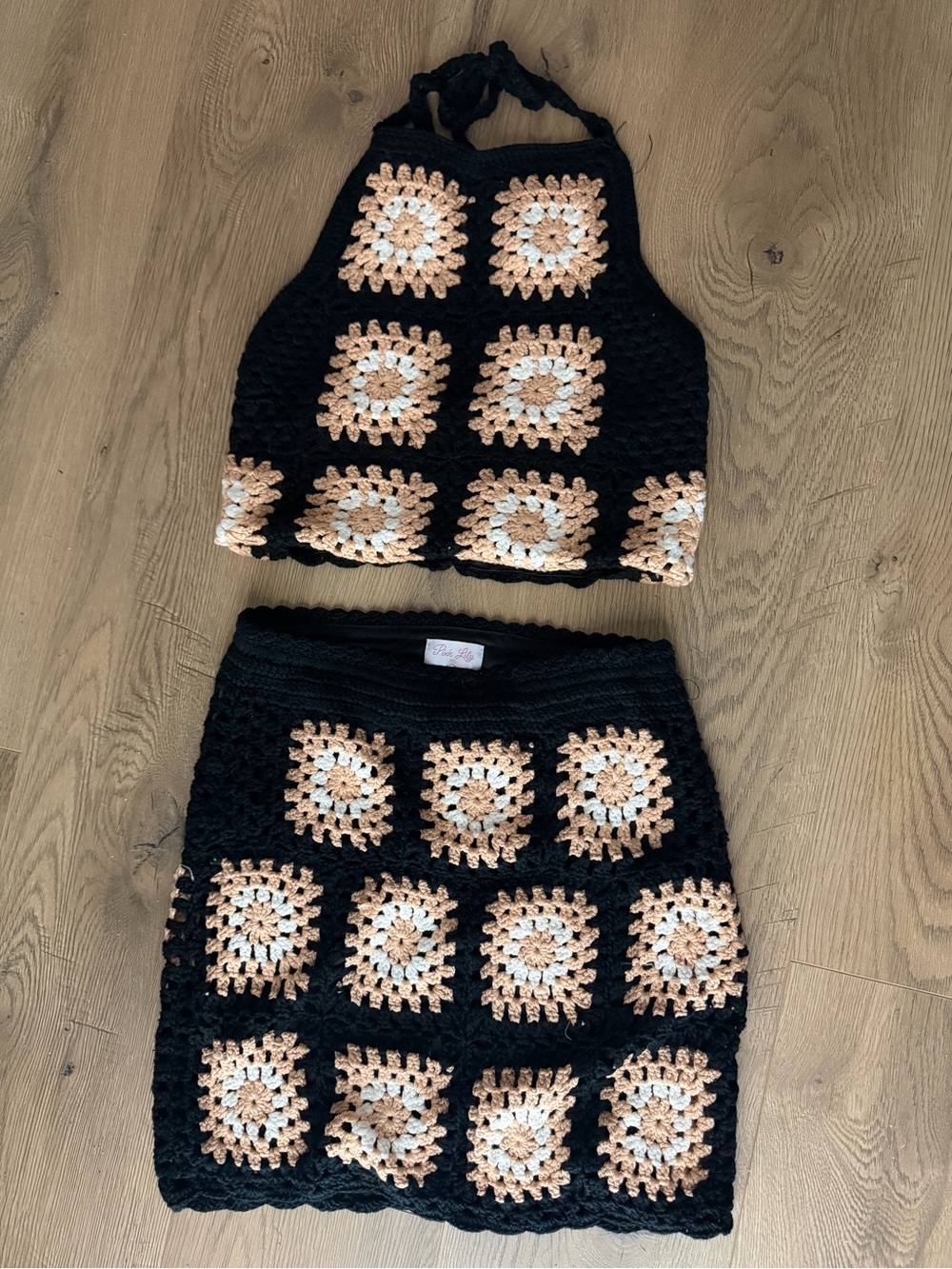 Crochet Mini Skirt and Halter Top Matching Set - Black withPeach & White Accents